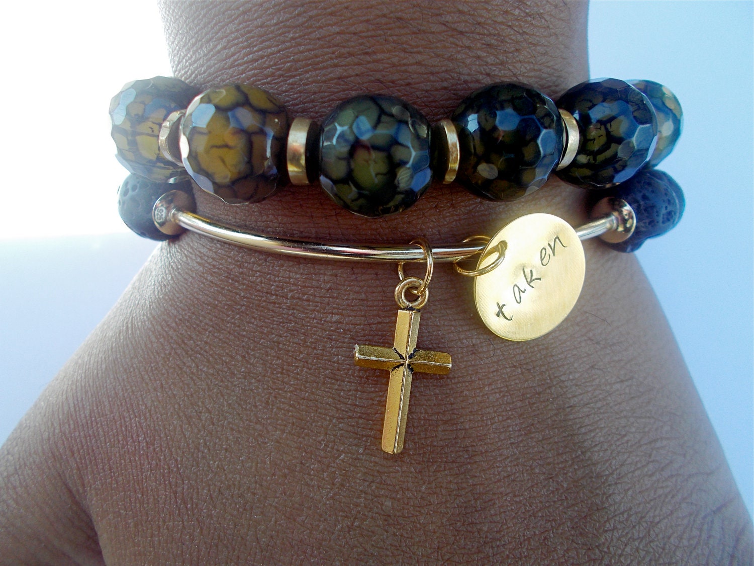 Charm bracelet, Taken, Statement Jewelry, Lava stone, Faith Gift, Christian Jewelry