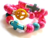 Girls' bracelet, Stocking stuffer, Neon color Cross, Peace bracelet