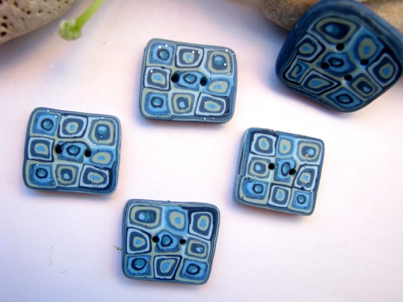 Buttons light blue, denim, dark blue, grey and olive, retro style - set of 5 square buttons