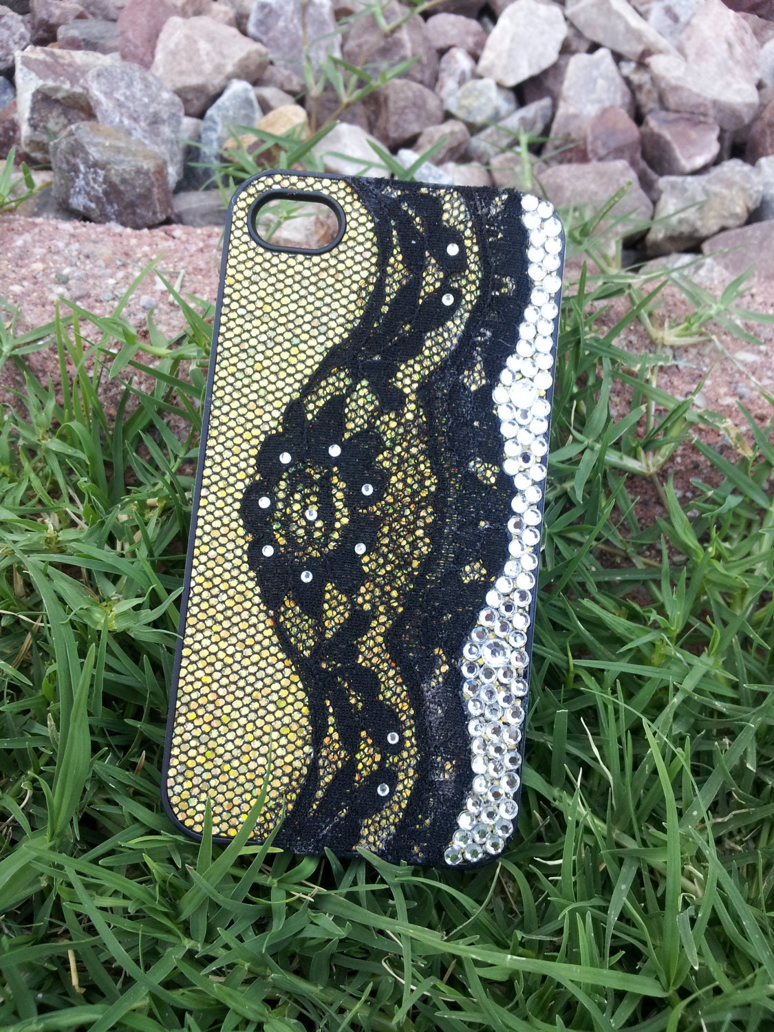 iPhone 4 4s Case Gold Glitter Black Lace Rhinestones Bling Silver design cell phone cover