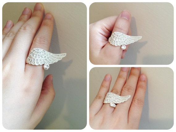 White Angel Wings Ring, with Austria Rhinestones, Thumb Ring, First Finger