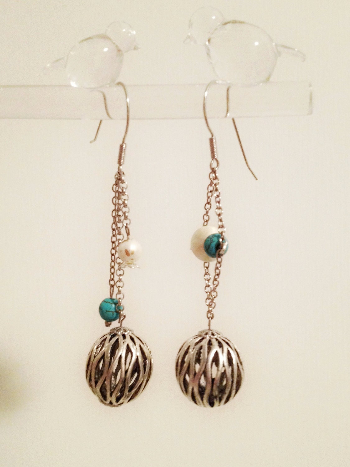 Bohemian Dangle Earrings, with Turquoise Stones and Pearly Beads, Asymmetrical Earrings, 925 silver earrings