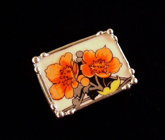 Broken china jewelry pin brooch Art Deco orange poppies antique broken china