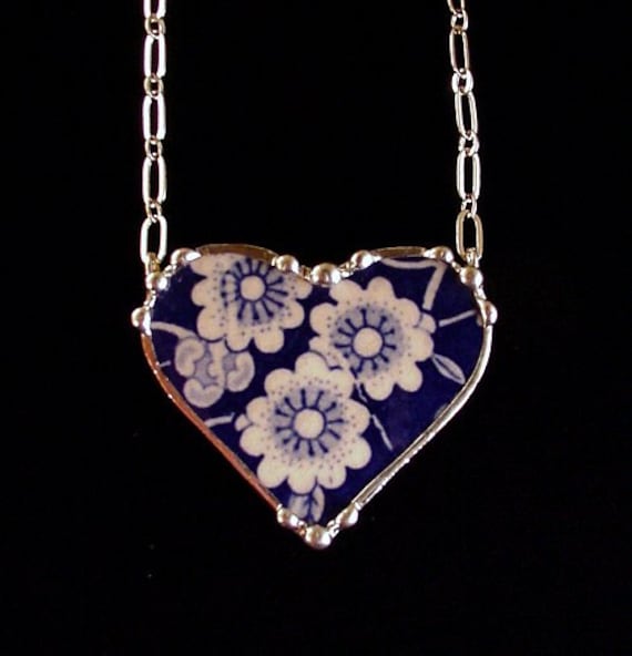 Broken china jewelry heart shaped necklace antique Calico Chintz  made from a broken plate