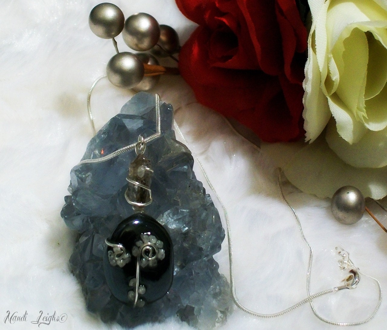 Spiritual Vibration Hematite and Diamonds Wire Wrapped Necklace