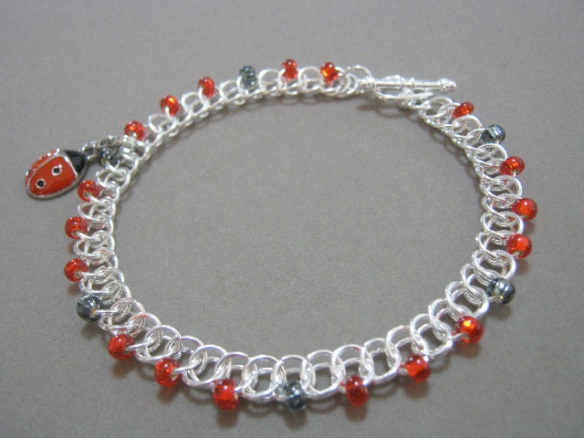 Lady Bug Charm Bracelet Chainmaille with Czech Glass Beads