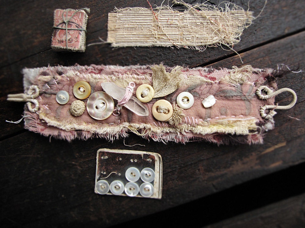 Self Reliance - vintage textile wrist cuff - vintage lace - antique buttons - quartz crystal