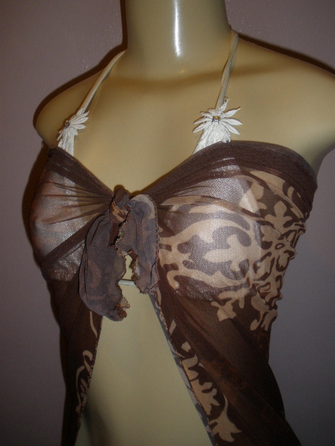 Gorgeous and Attractive Damask Print Long Sheer Wrap Style Swim Suit Cover Up Size Small/Med ( Can Be Worn Multiple Ways)