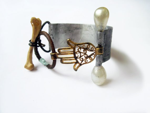 The Guiding Hand. Hamsa with pearl pin bone toggle and etched cuff.