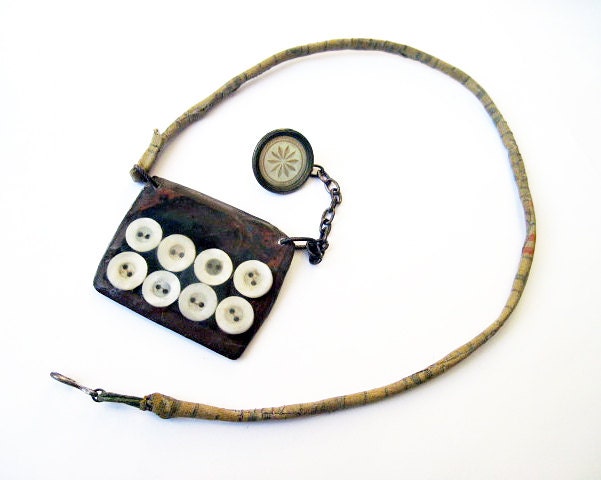 Stitch. Rustic assemblage shabby gypsy mop button necklace.