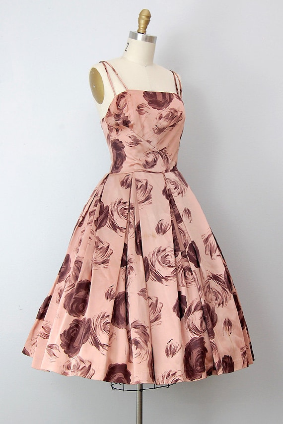 vintage 1950s dress / vintage 50s party dress / rose print 50s cocktail dress
