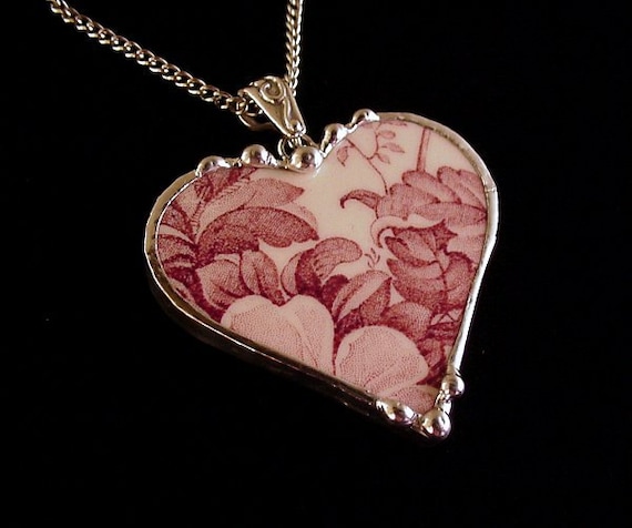 Antique cranberry or mulberry floral toile transferware broken china jewelry heart pendant necklace