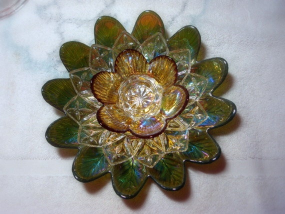 Garden art.  Glass flower.  Glass flower suncatcher.  Candle holder.  Green flower is made with repurposed glass.
