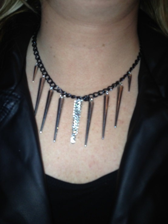 Silver spike necklace on black chain