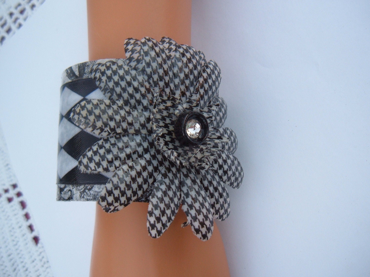 Black and White Decoupage cuff Bracelet vintage rhinestone button fabric flower