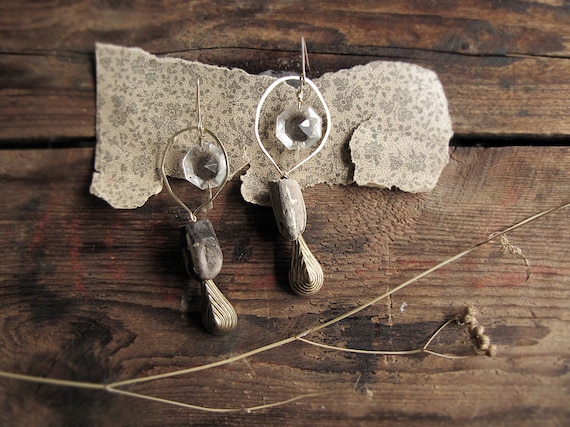 Mankind - modern primitive earrings - chandelier crystals - driftwood - 18k gold