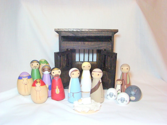 Nativity Set - 16 pc Wood Peg Doll/People Nativity Set Hand Painted