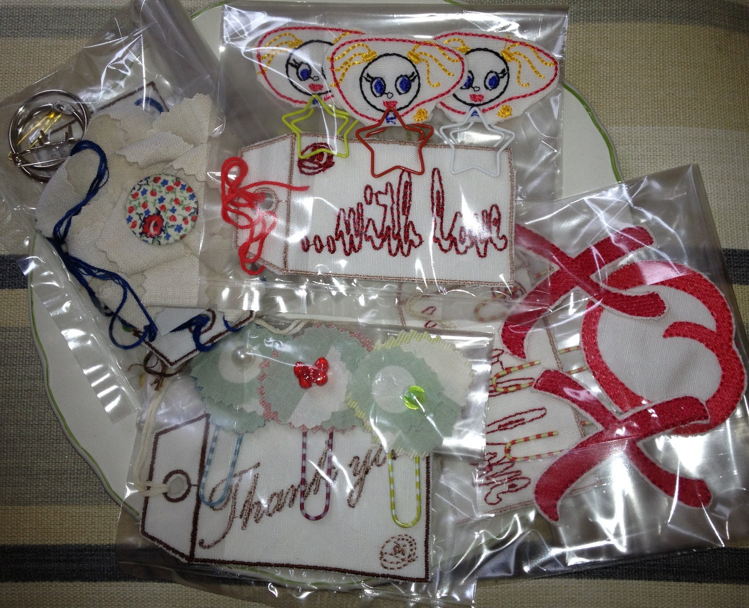 Gift Set of 4, Book Marks - Embroidery skipping Girls on Star Paper Clips & .....with love Gift Tag