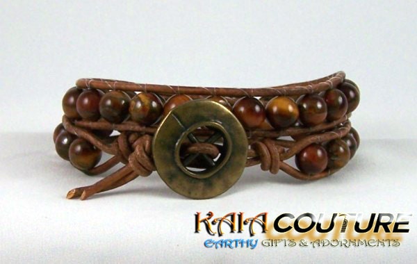 Unisex Red Tiger Eye Leather Wrap Bracelet with Bronze Closure, Leather Jewelry, Great Gift Idea, Free Shipping