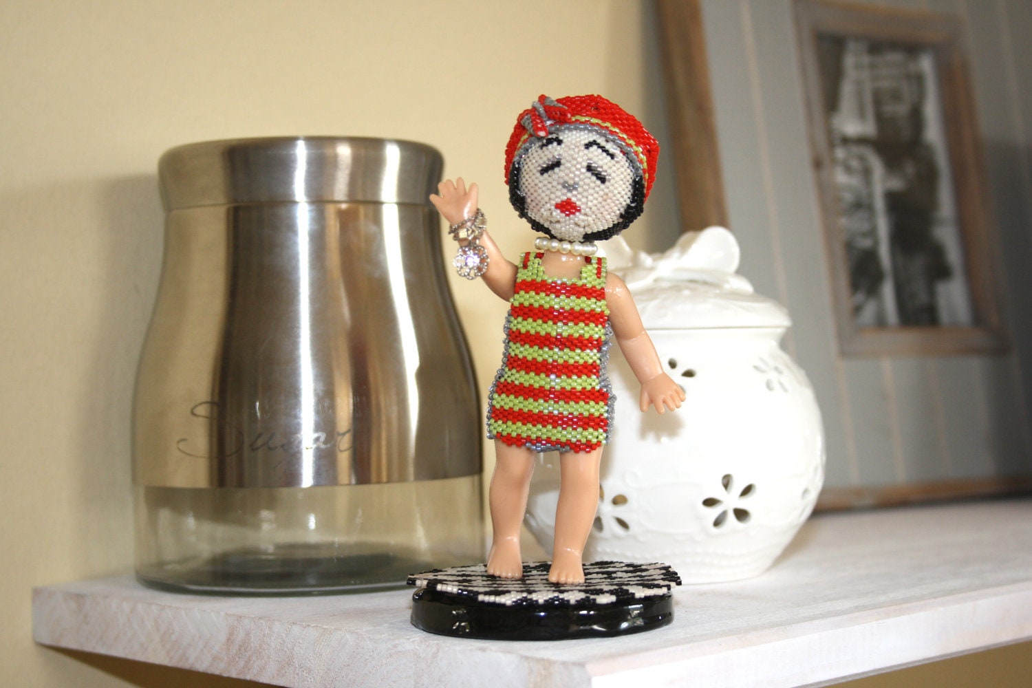 Rachel - a girl in a swimsuit - OOAK home decor vintage-style art doll. Red and green. beadwork. Retro.