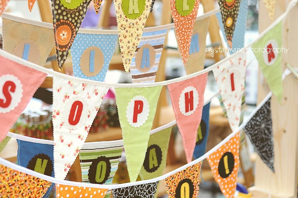 Whimsical Fabric Banner in Orange, Blue, Green and Colorful Floral Print