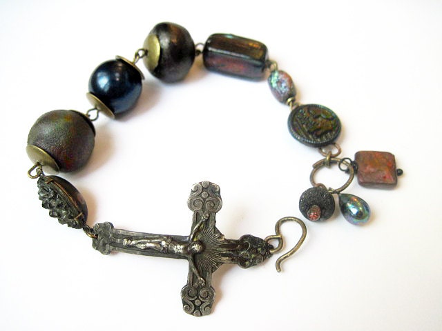The Human Night. Cosmic Rustic Dark Assemblage Bracelet with Sterling Crucifix, Iridescents and Raku Art Beads.