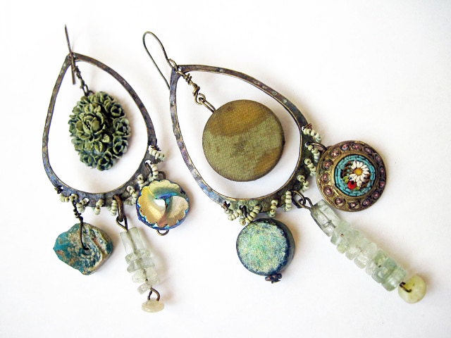 The Strange Pull. Rustic Victorian Cosmic Iridescent Earrings with Roman Glass, Micromosaic and Gemstones.