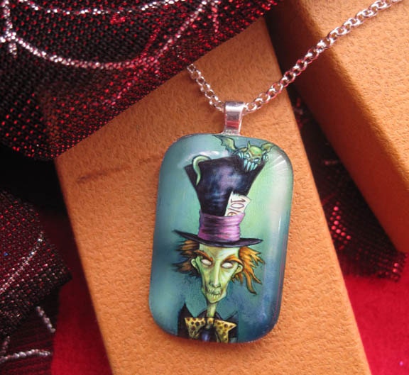 Gothic Mad Hatter, Alice in Wonderland Necklace-Glass Pendant