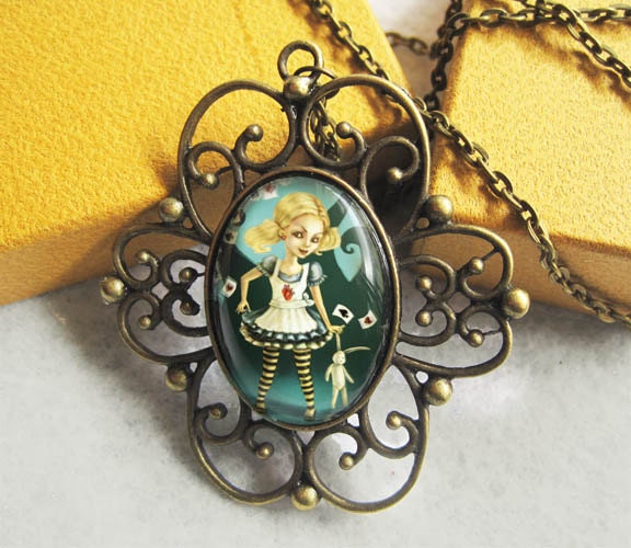 ALICE IN WONDERLAND Necklace -Cameo Glass Pendant - Fairytale Art Jewelry