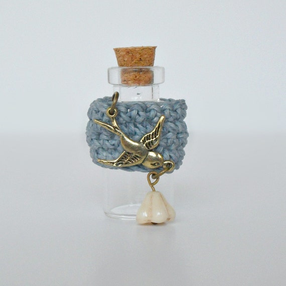 Swallow and Blossom Crocheted Blue Waxed Irish Linen Ring