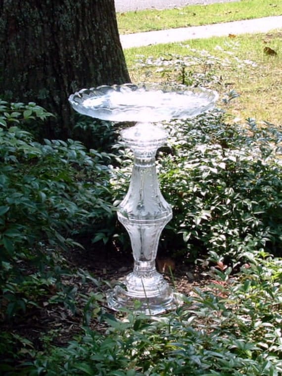 Garden art, bird bath, bird feeder.  "The Emma" is made with repurposed glass.  Recycled.  Upcycled art.