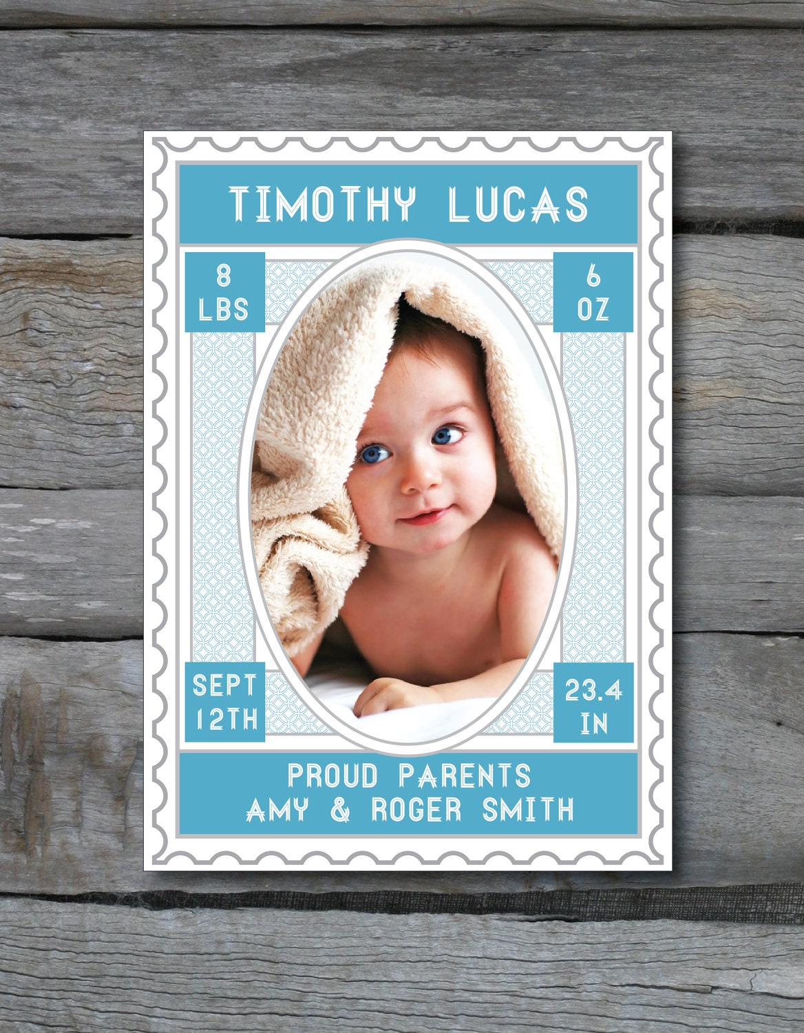Vintage Stamp Inspired Birth Announcement PHOTO CARD in Pink Blue Coral and Navy - Digital File