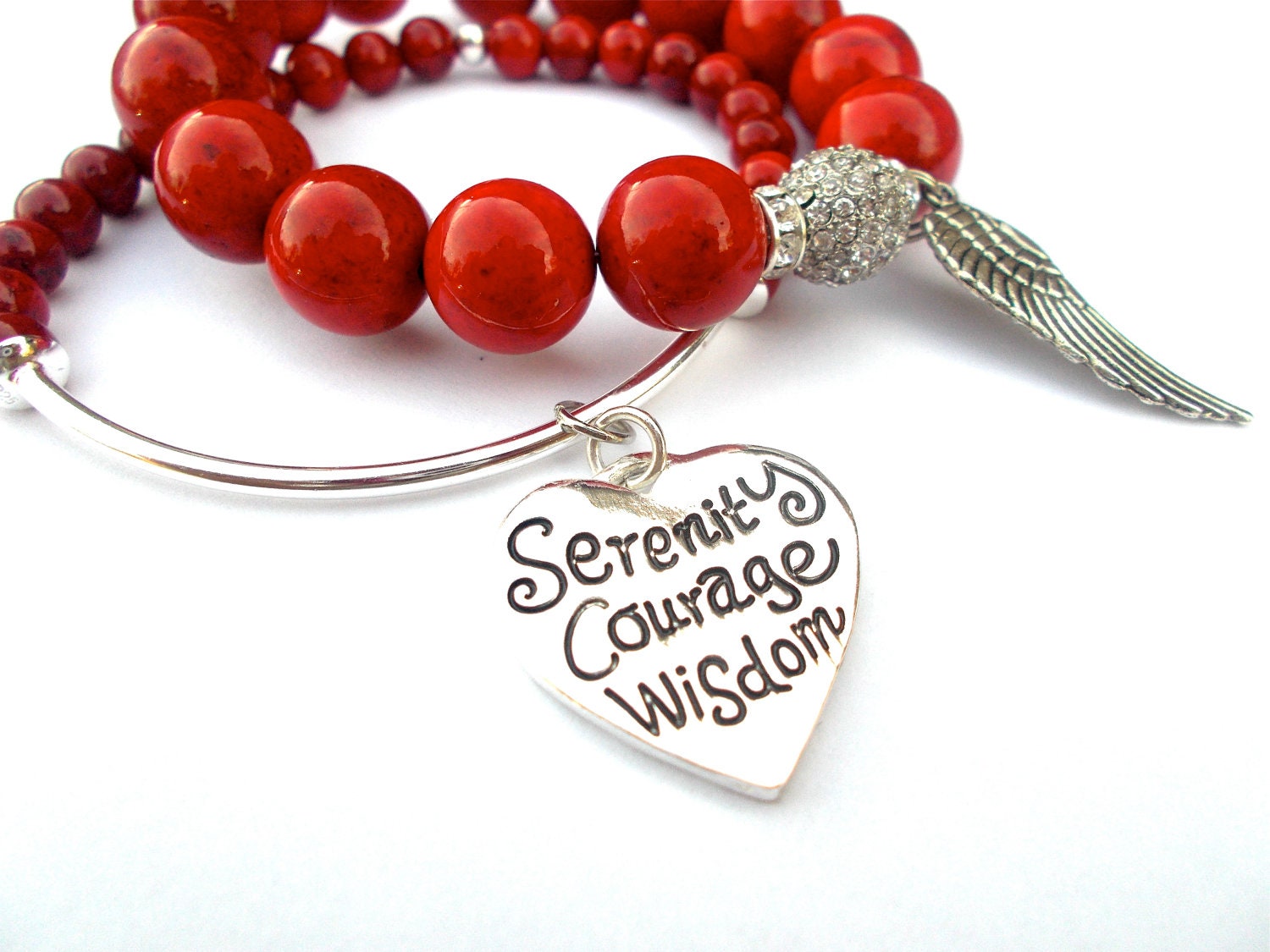 Red stone bracelet,
Charm bracelet, Serenity Prayer, Statement, Christian Jewelry, Faith Gift