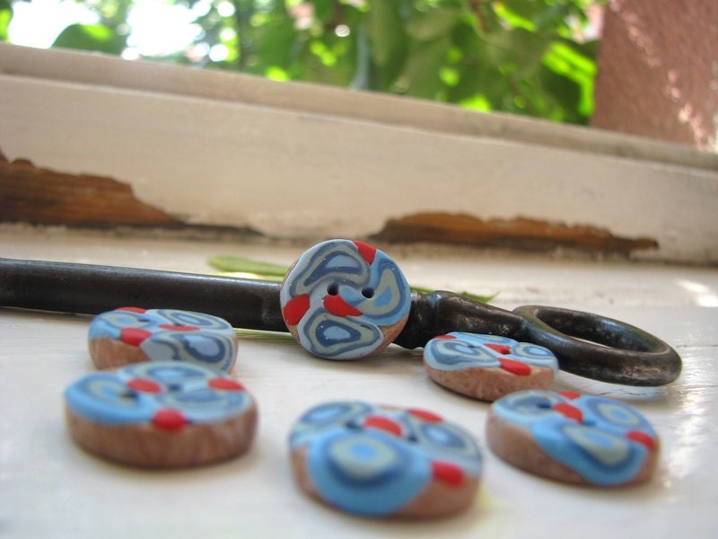 Round buttons in light blue, dark blue, turquoise, gray blue with red dots - set of six rustic buttons