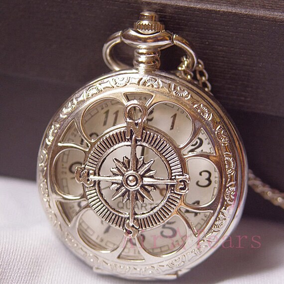 On sale-Steampunk Silver Hollow Six leaf  Compass Pocket Watch Necklace Chain D053