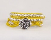 Yellow Leather Wrap Bracelet, Rose Design,  Ladies Leather Jewelry, Unique Gift Idea, Free Shipping, Available in All Colors
