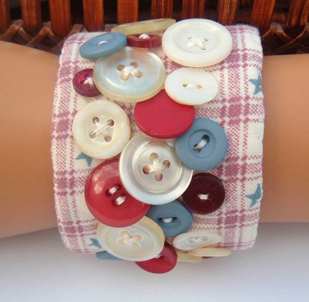 Fabric Cuff Handmade OOAK Bracelet stars stripes and vintage buttons