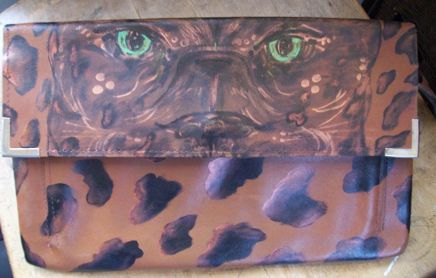 Lucky Kit-Kat.. Hand-Painted Green Eye'd Big Cat Brown Vintage Leather ...