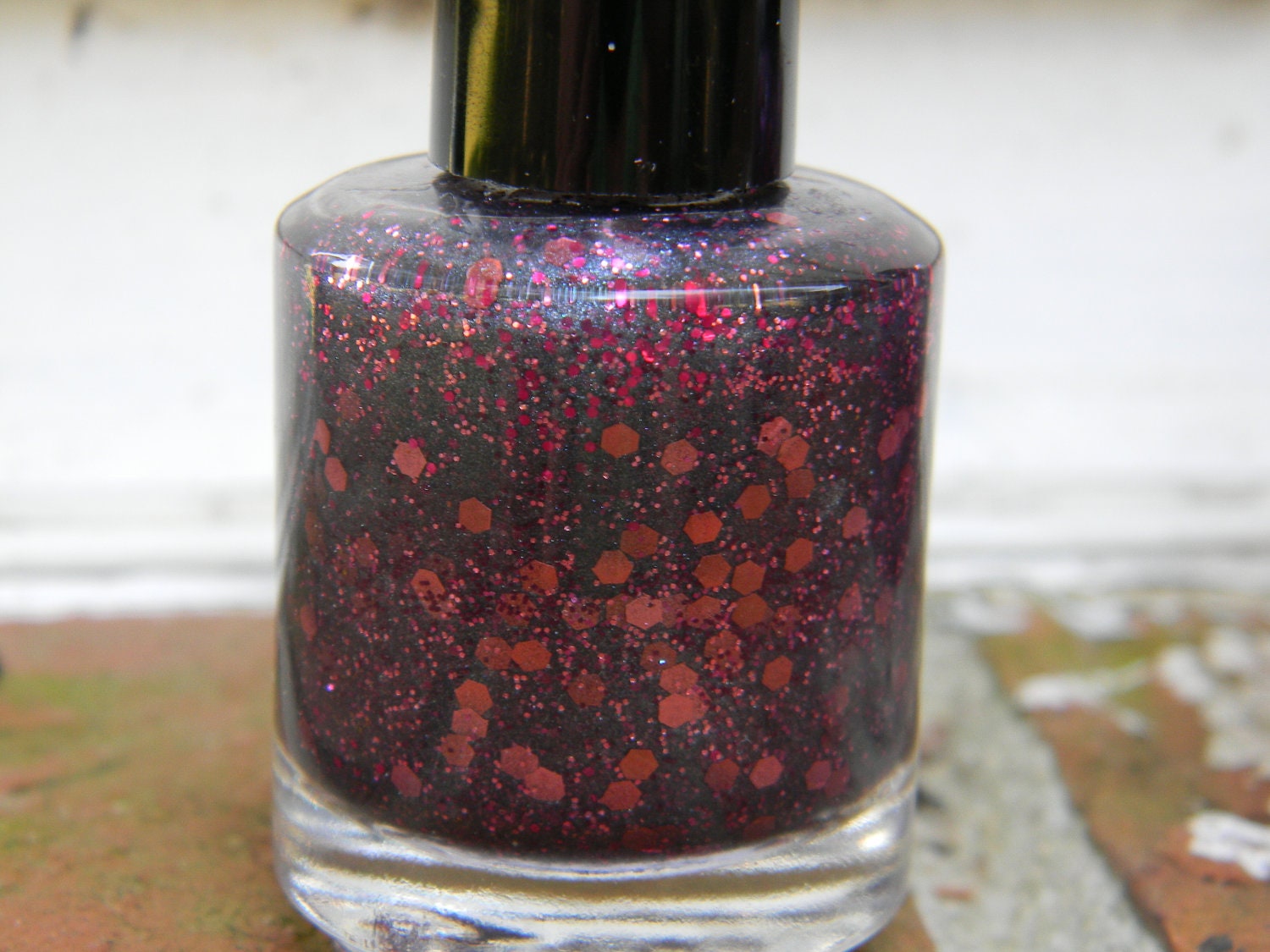 Guns & Roses - MINI Size Nail Polish: Deep blue/gray gunmetal shimmer polish with rose and berry sparkly glitter-7ML