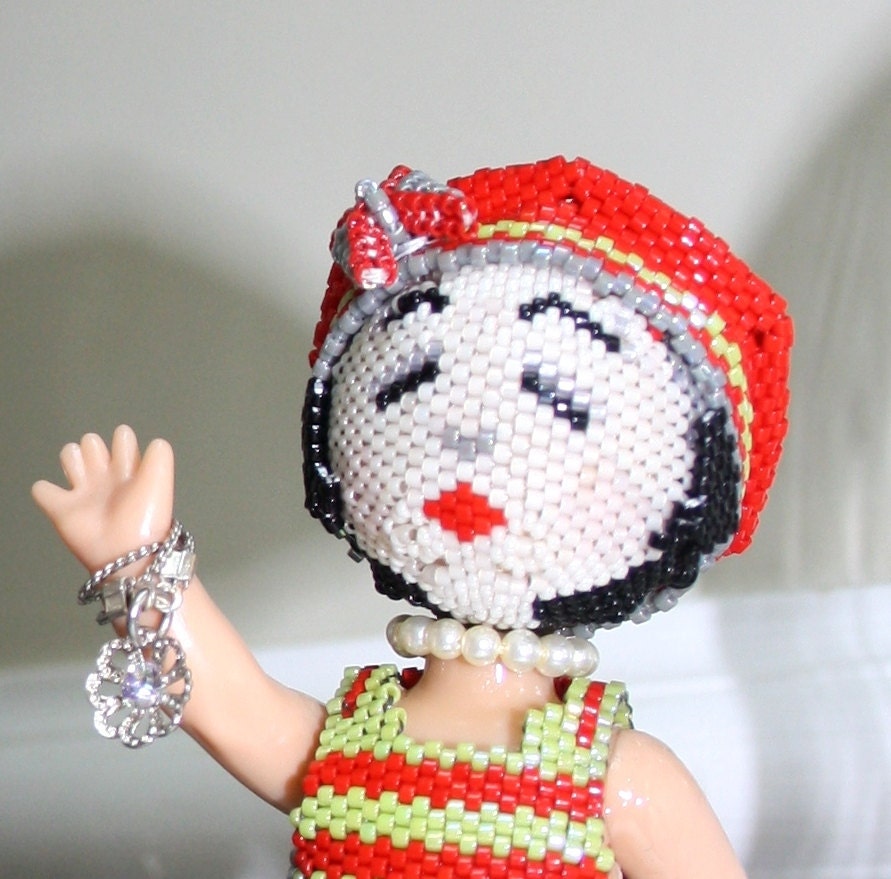 Rachel - a girl in a swimsuit - OOAK home decor vintage-style art doll. Red and green. beadwork. Retro.