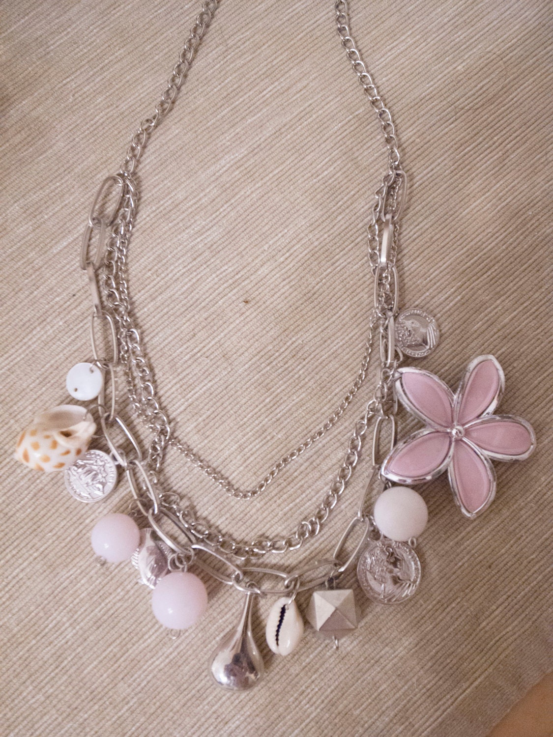 SALE-Chunky Charm Silver Plated and Pink Necklace for Summer