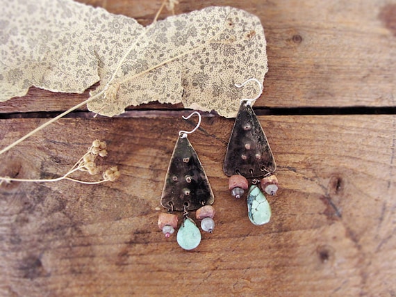 Cloud Sister - artisan earrings - hammered metal - stone beads - primitive modern