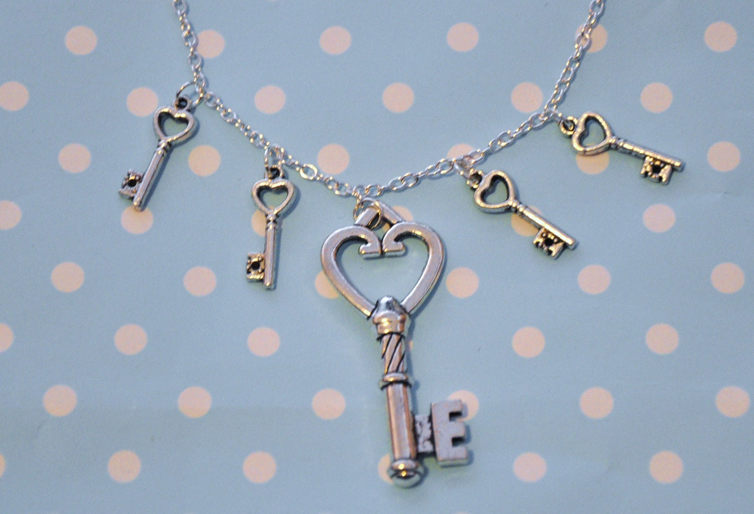 Key Charm Necklace - Cute, Pretty Silver Plated Jewelry - Four little keys surround one large key charm - Quirky, Fun Jewellery