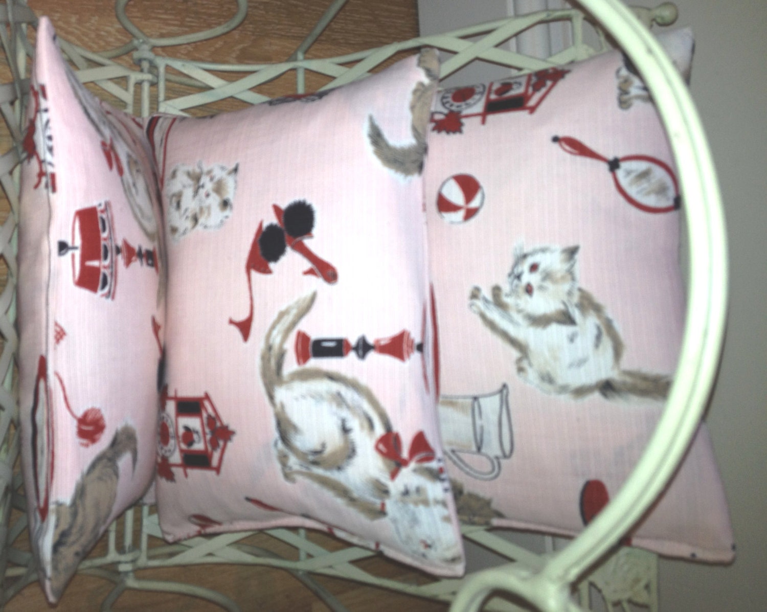 Vintage Kitten Fabric Pink, Handmade Embroidery Stitched Throw Cushions