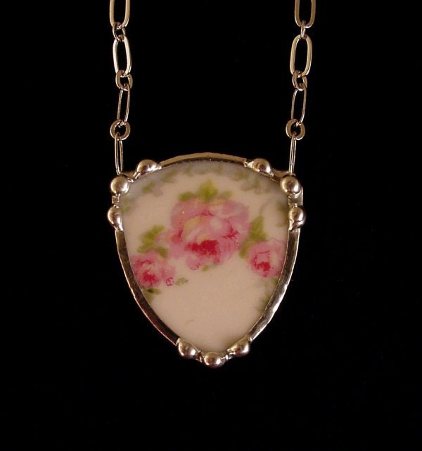 Antique pink rose French porcelain shield shaped broken plate broken china jewelry necklace