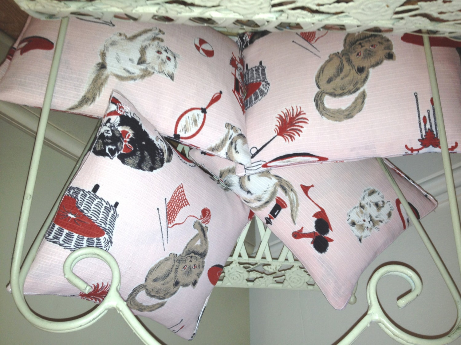 Vintage Kitten Fabric Pink, Handmade Embroidery Stitched Throw Cushions