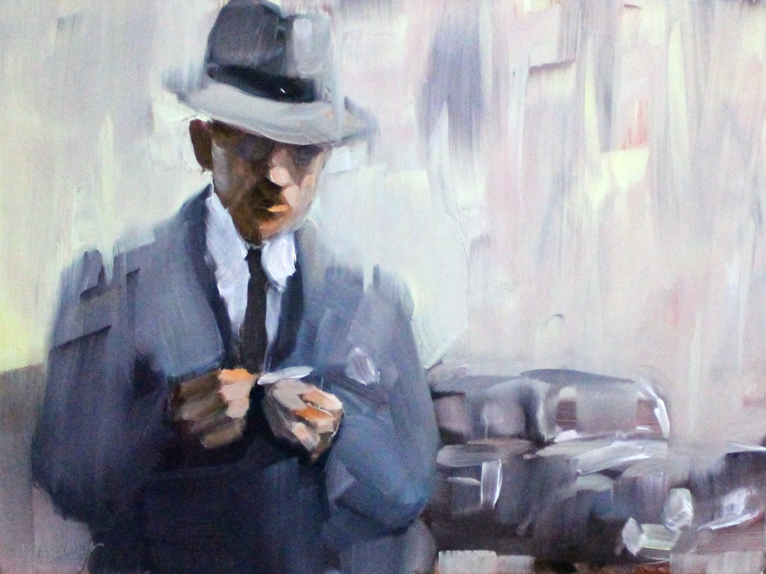 Rolling a Smoke in the Rain, 8"x10" on masonite panel  by Kenney Mencher