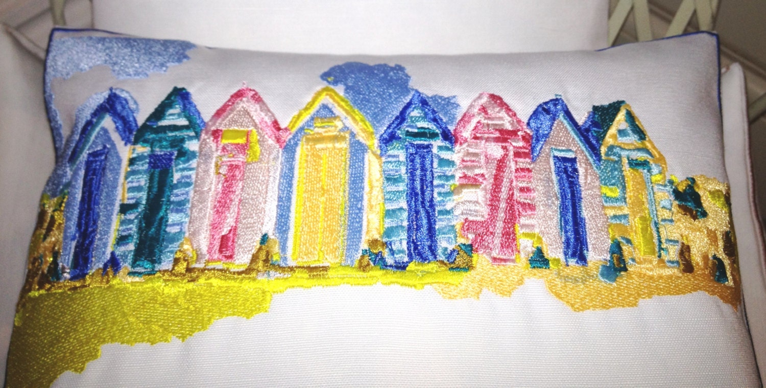 Beach Huts, Artistic Textile Embroidery - Throw Cushion