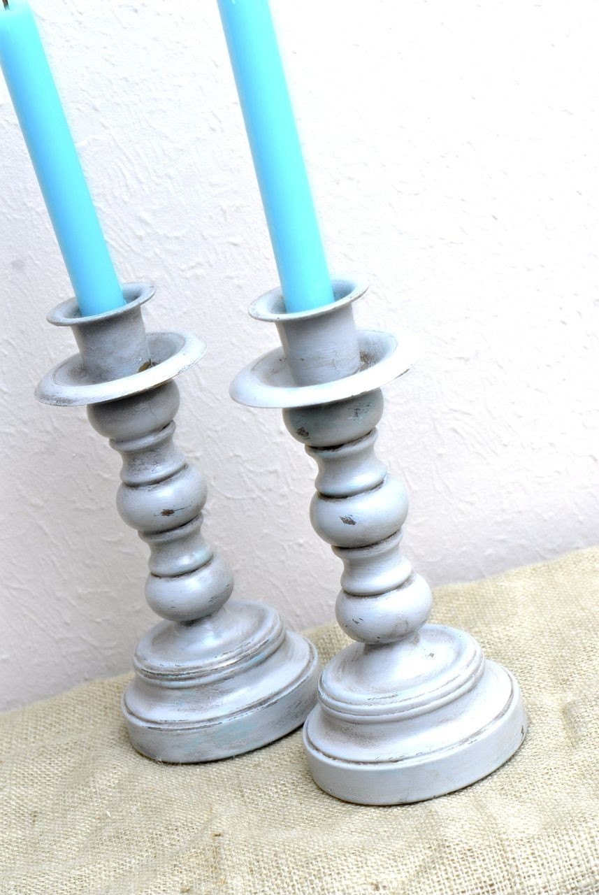 Pair of Cottage Style Gray Candlesticks