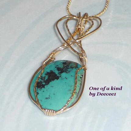 Southwest  sytle Turquoise Wire Wrapped Pendant in Gold
